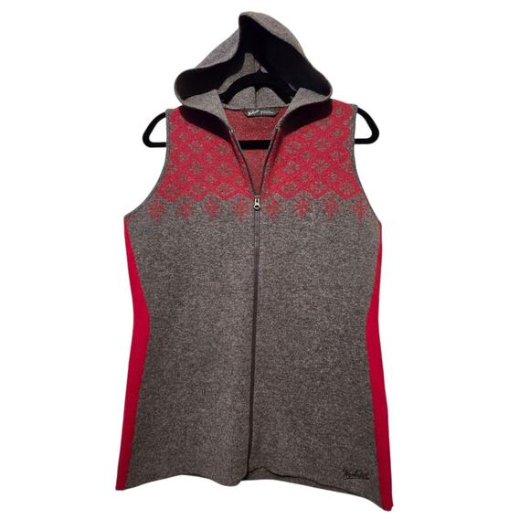 Woolrich Fair Isle Hooded Sweater Vest Womens MED Heather Gray Red Lambswool - Picture 1 of 9